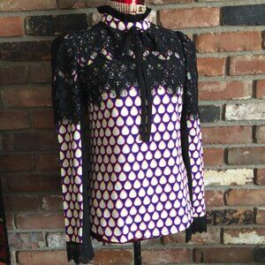 Othermix Art Deco Teardrop Neon Black Lace overlay Mock Neck Blouse Long Sleeve